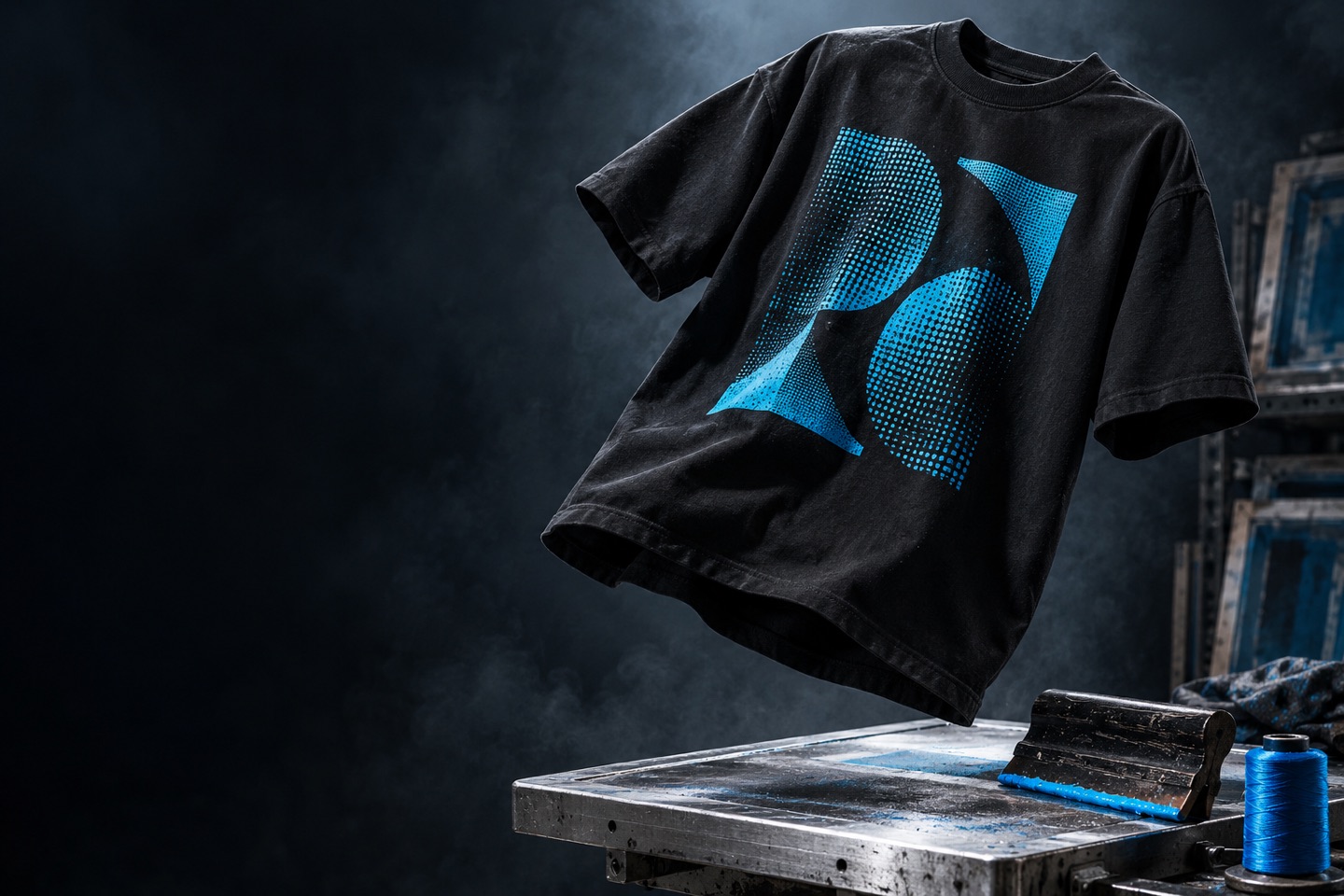 A black cotton T-shirt with a cyan print above a screen-printing platen